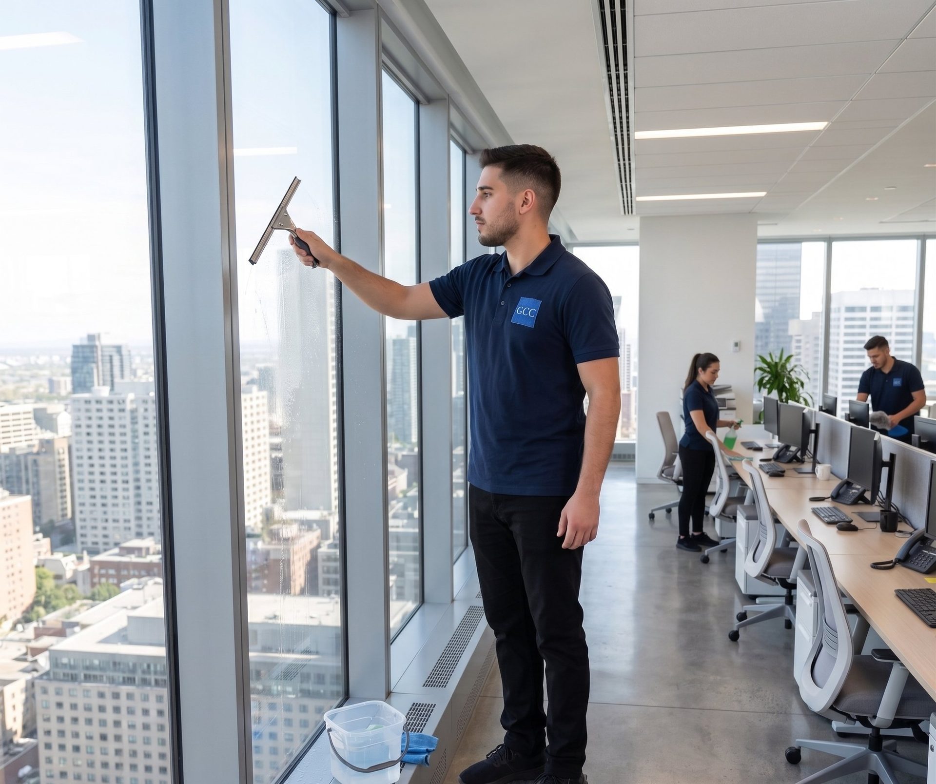 Lavage de vitres dans un bureau de Montréal
