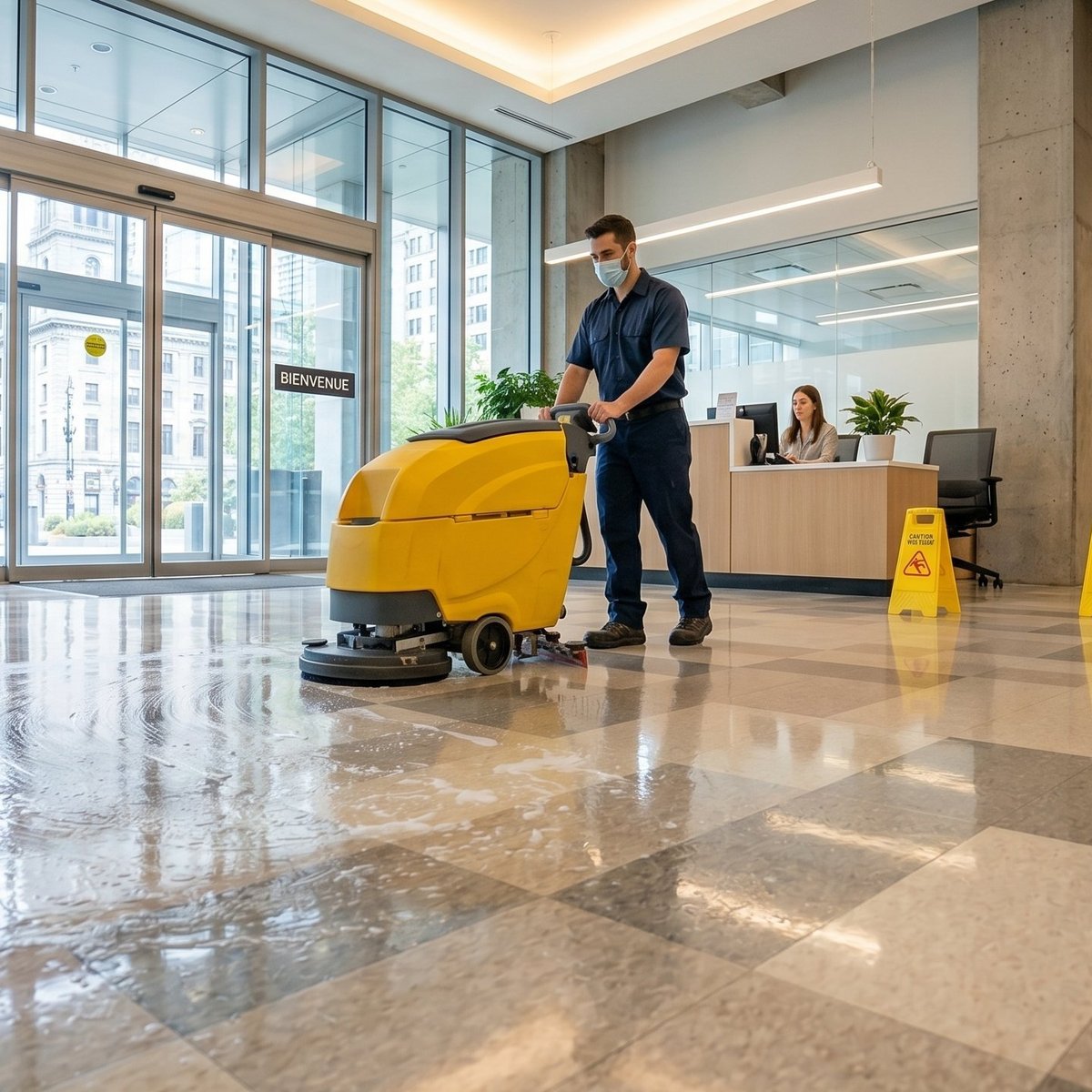 Technicien GCC utilisant une autorécureuse pour décaper et cirer un plancher commercial à Montréal