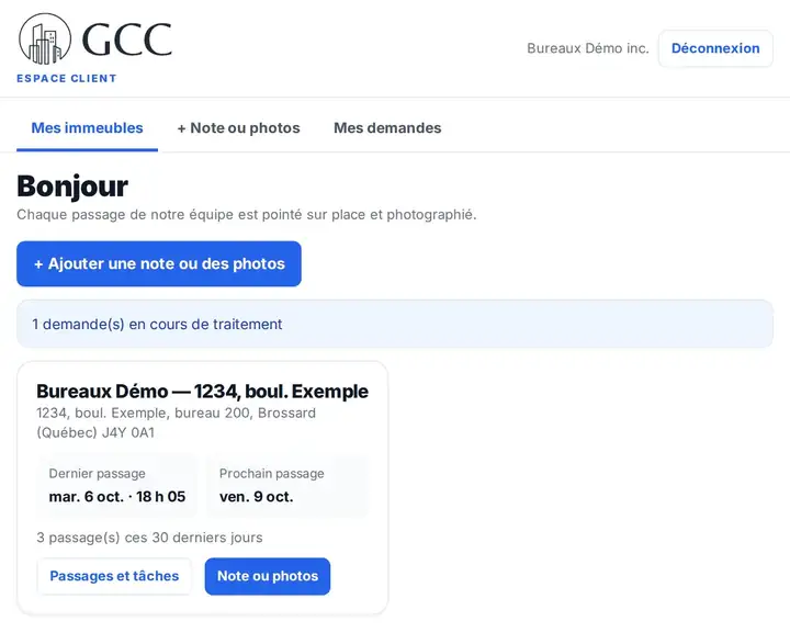 Accueil du portail client GCC Entretien : immeubles, dernier passage, prochain passage, demandes en cours
