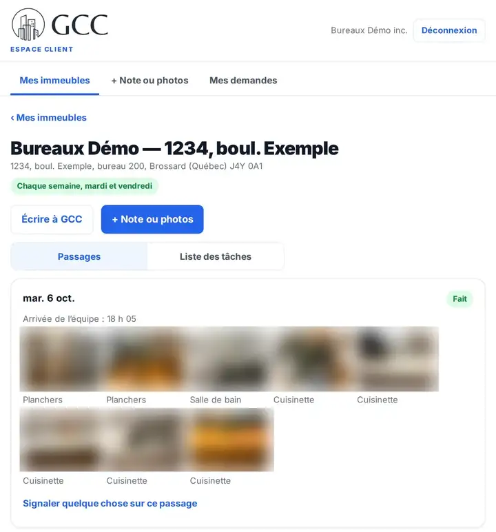 Portail client GCC Entretien : liste des passages avec l'heure d'arrivée de l'équipe et les photos de chaque zone