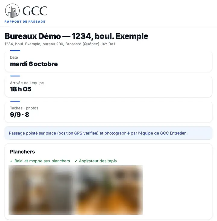 Rapport de passage GCC Entretien envoyé par courriel : date, heure d'arrivée, tâches complétées et photos